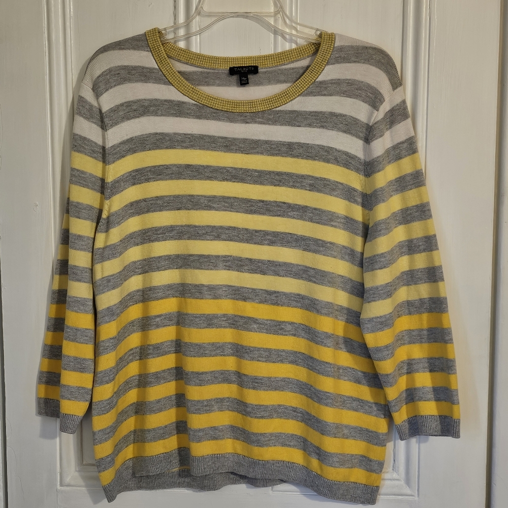 Talbots Women's XL Petite Ombre Striped Sweater Yellow Gray White 3/4 Sleeve